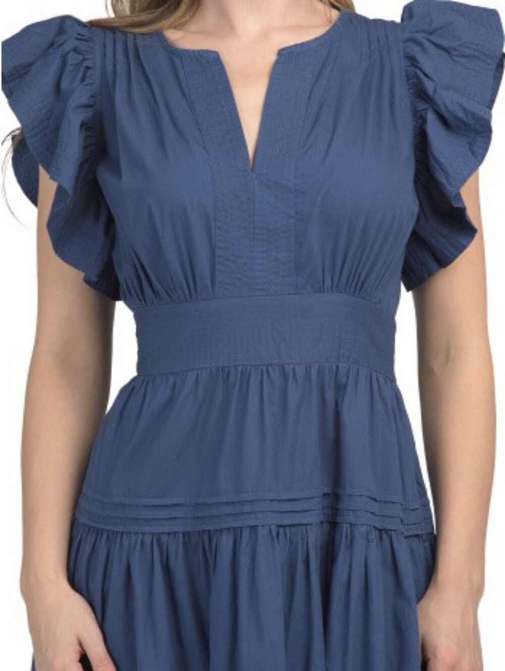 NWT - LEA Cotton Poplin Flutter Sleeve Split Neck Smocked Back Midi Dress-Size M - Picture 4 of 14